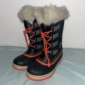 Sorel Snow Boots Faux Fur Waterproof Winter Black Girls Youth Size 3 NEON ORANGE
